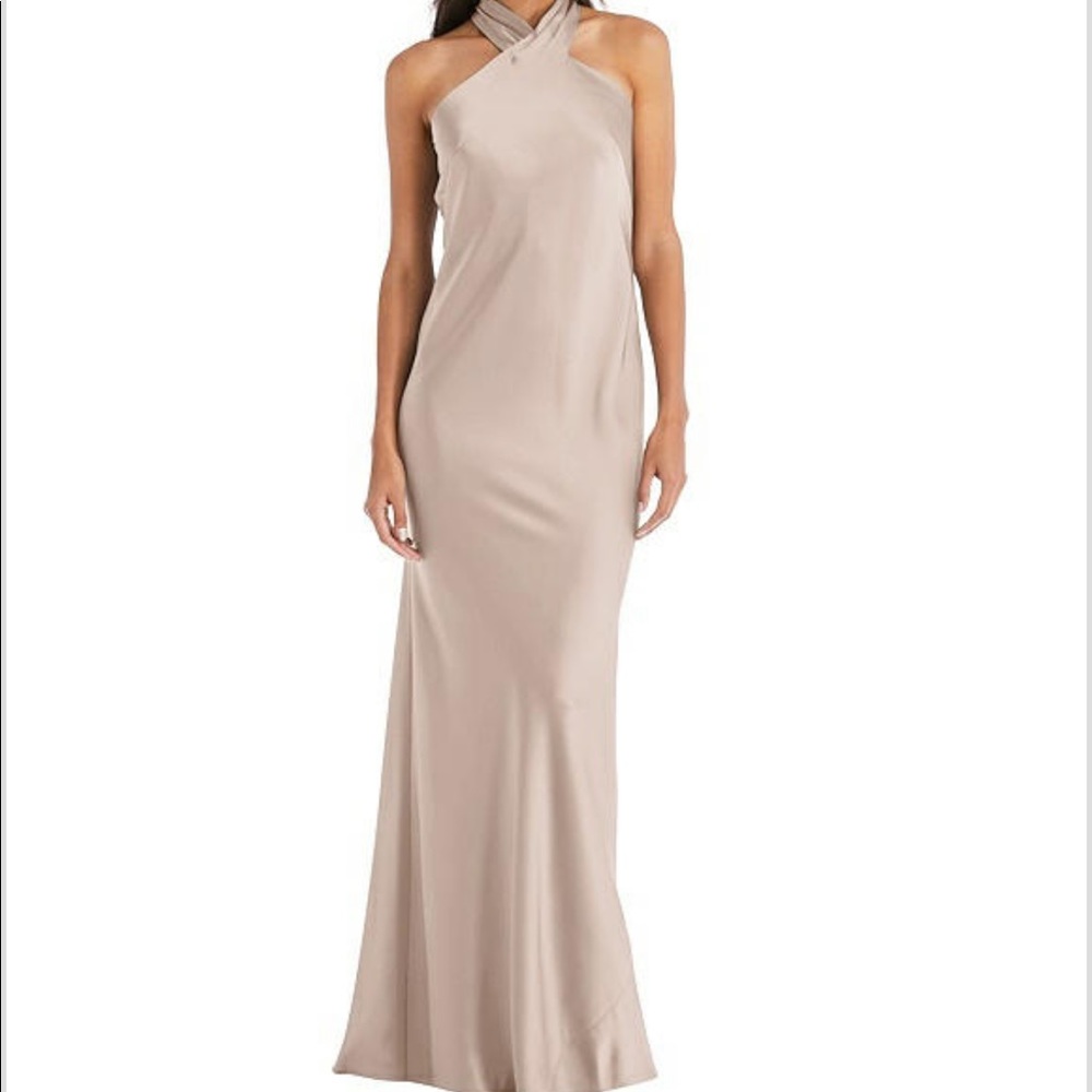 Dessy draped twist halter tie-back trumpet gown (Lovely style LB025)